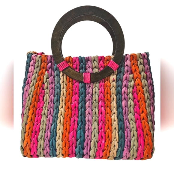 Woven Corn husk rainbow tote bag with wooden circle handles. NWOT - Picture 1 of 8
